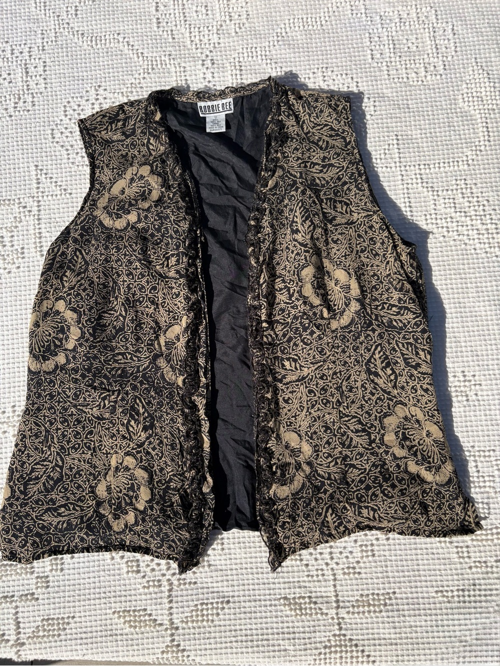 Robbie Bee Vintage 100% Silk Jacquard Floral Ruffle Trim Open Vest Boho Y2K- 12